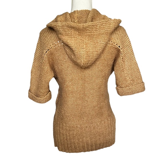 LOFT Alpaca Wool Blend Cardigan Sweater Cable Knit Hood Button Tan Cozy Petite S - Picture 4 of 11